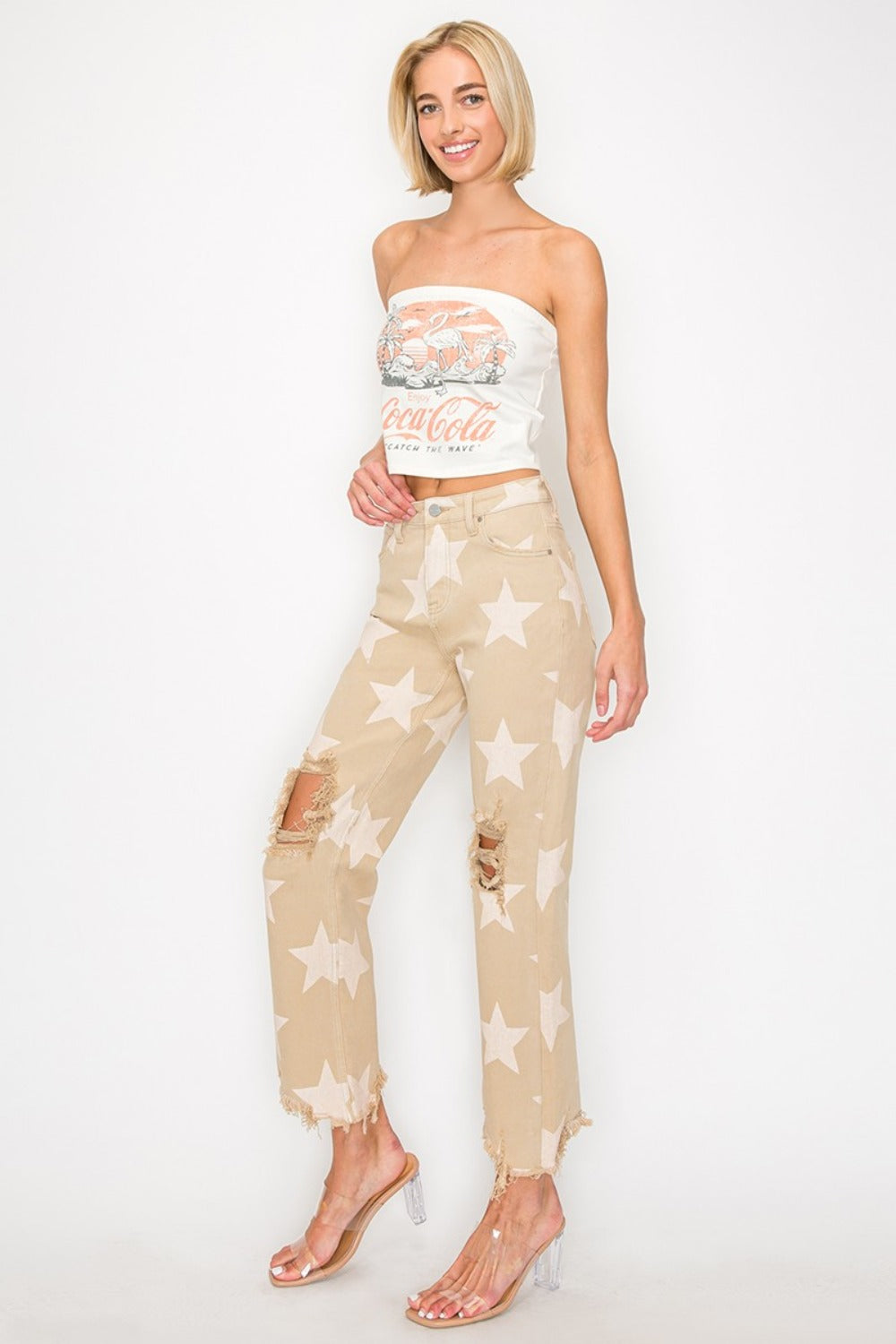 RISEN Full Size High Rise Star Printed Frayed Hem Jeans - Khaki