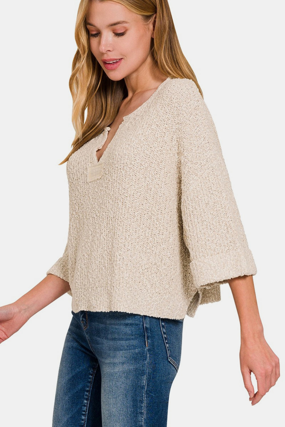 Zenana Notched Side Slit Patch Sweater - Sand Beige