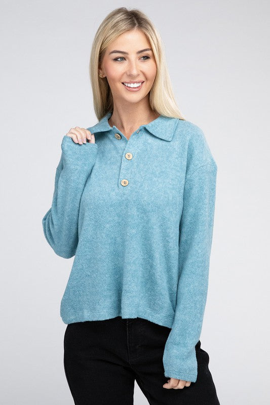 Brushed Melange Hacci Collared Sweater - Zenana