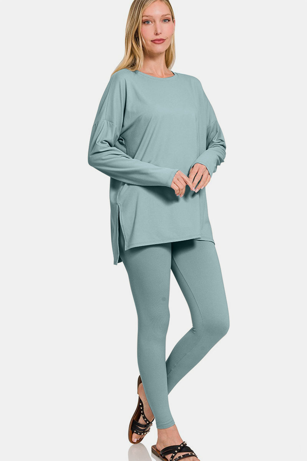 Zenana Full Size Brushed Microfiber Top and Leggings Lounge Set - Blue Grey