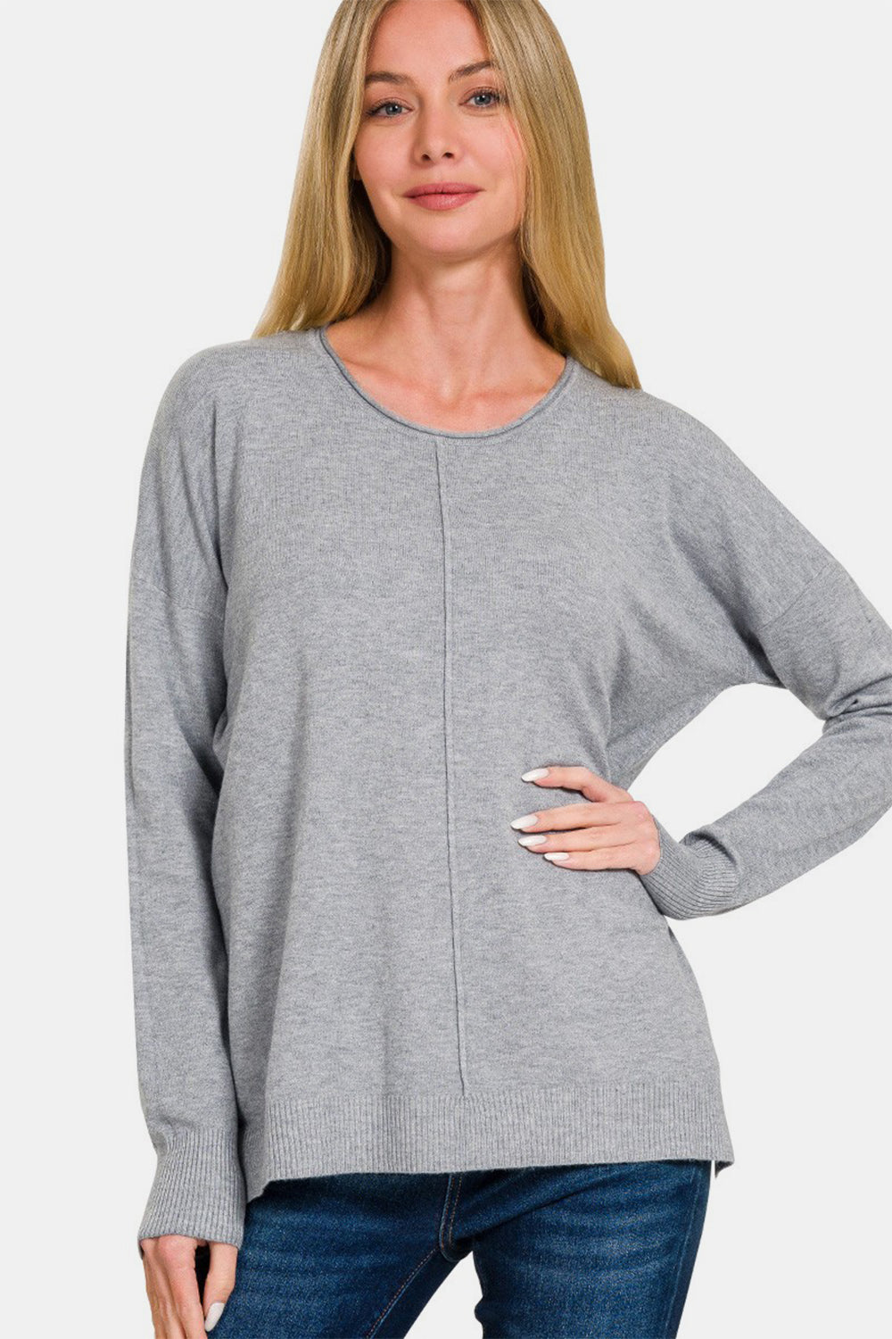 Zenana Front Seam Round Neck Sweater - Gray