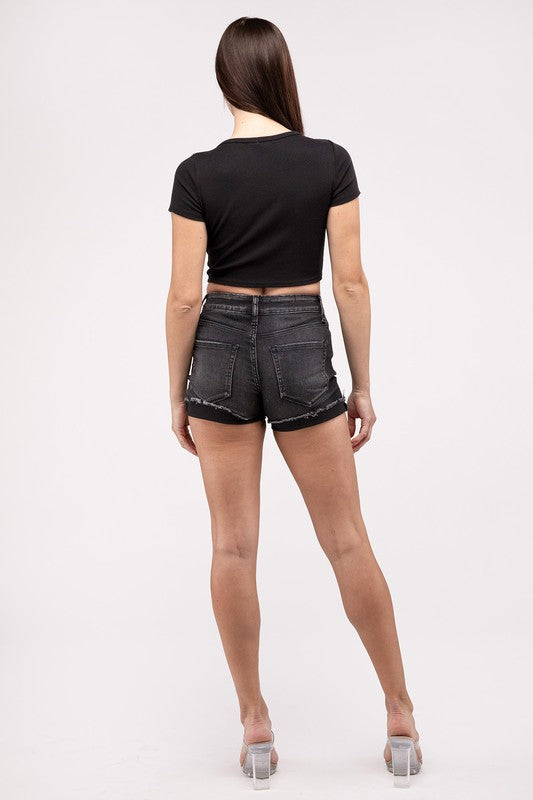 Washed Black Cuffed Raw Hem Denim Shorts - Zenana