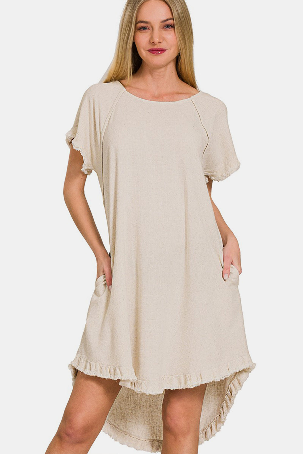 Zenana Fringe Edge High Low Flowy Dress with Pockets - Beige