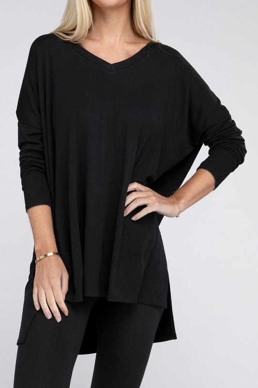 Dolman Long Sleeve V-Neck Side Slit Hi-Low Hem Top - Zenana