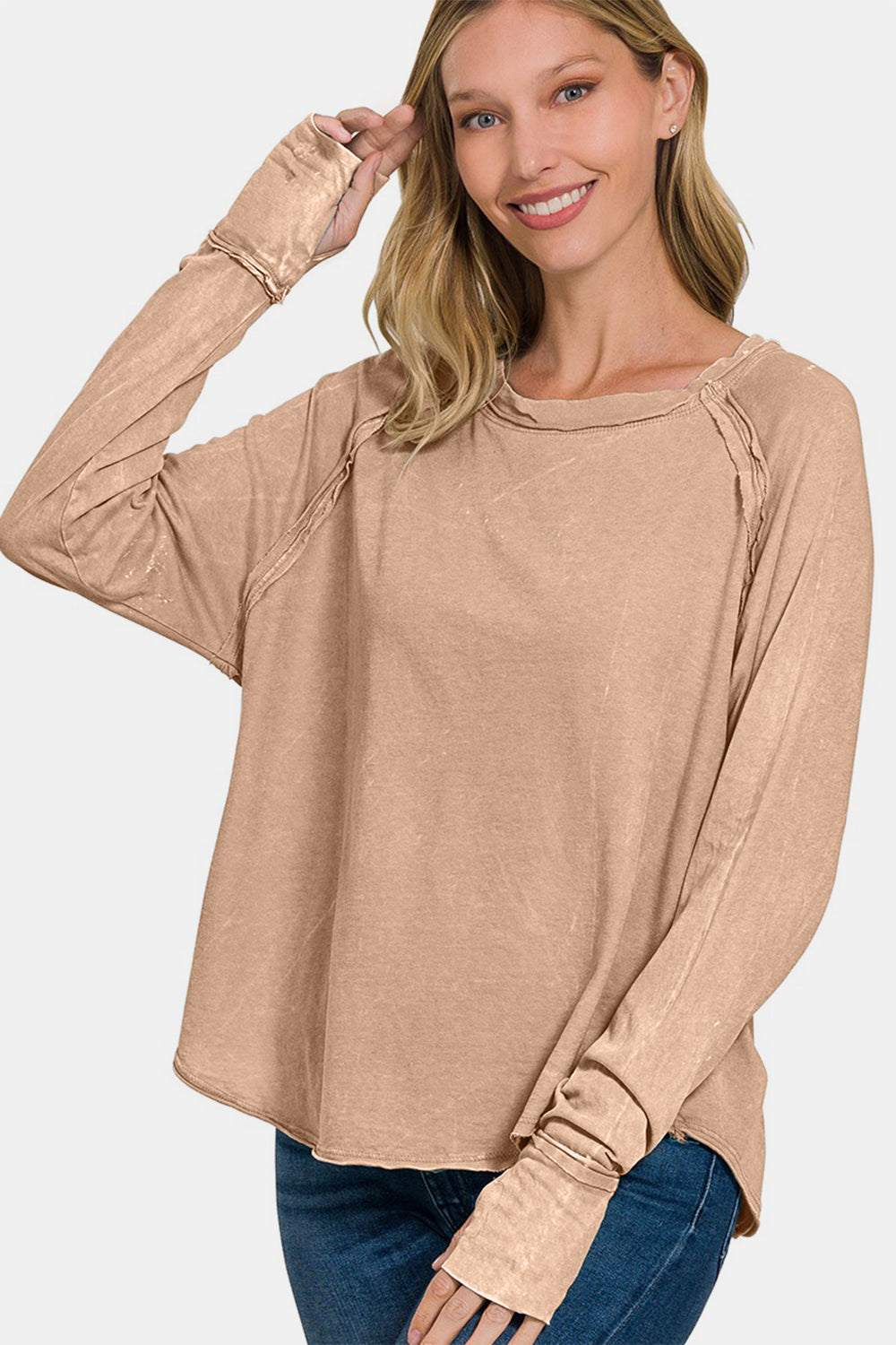 Zenana Round Neck Thumbhole Long Sleeve T-Shirt - Ash Mocha