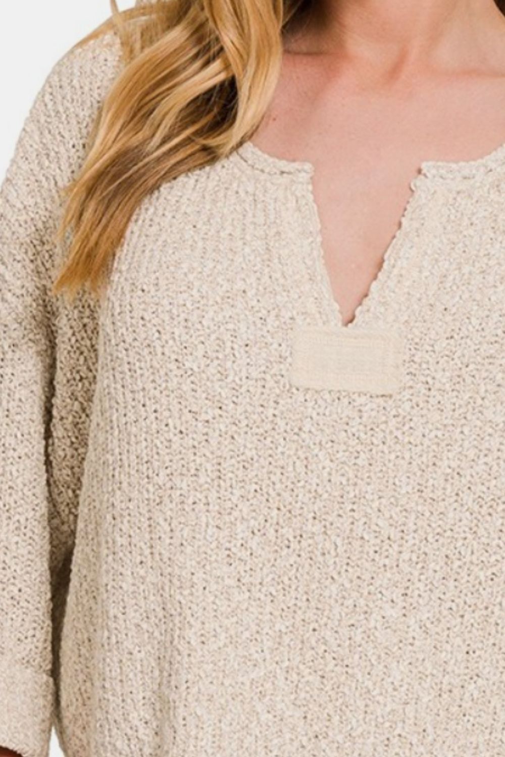 Zenana Notched Side Slit Patch Sweater - Sand Beige