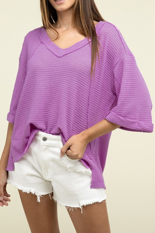 Brushed Waffle Exposed-Seam 3/4 Sleeve Top - Zenana