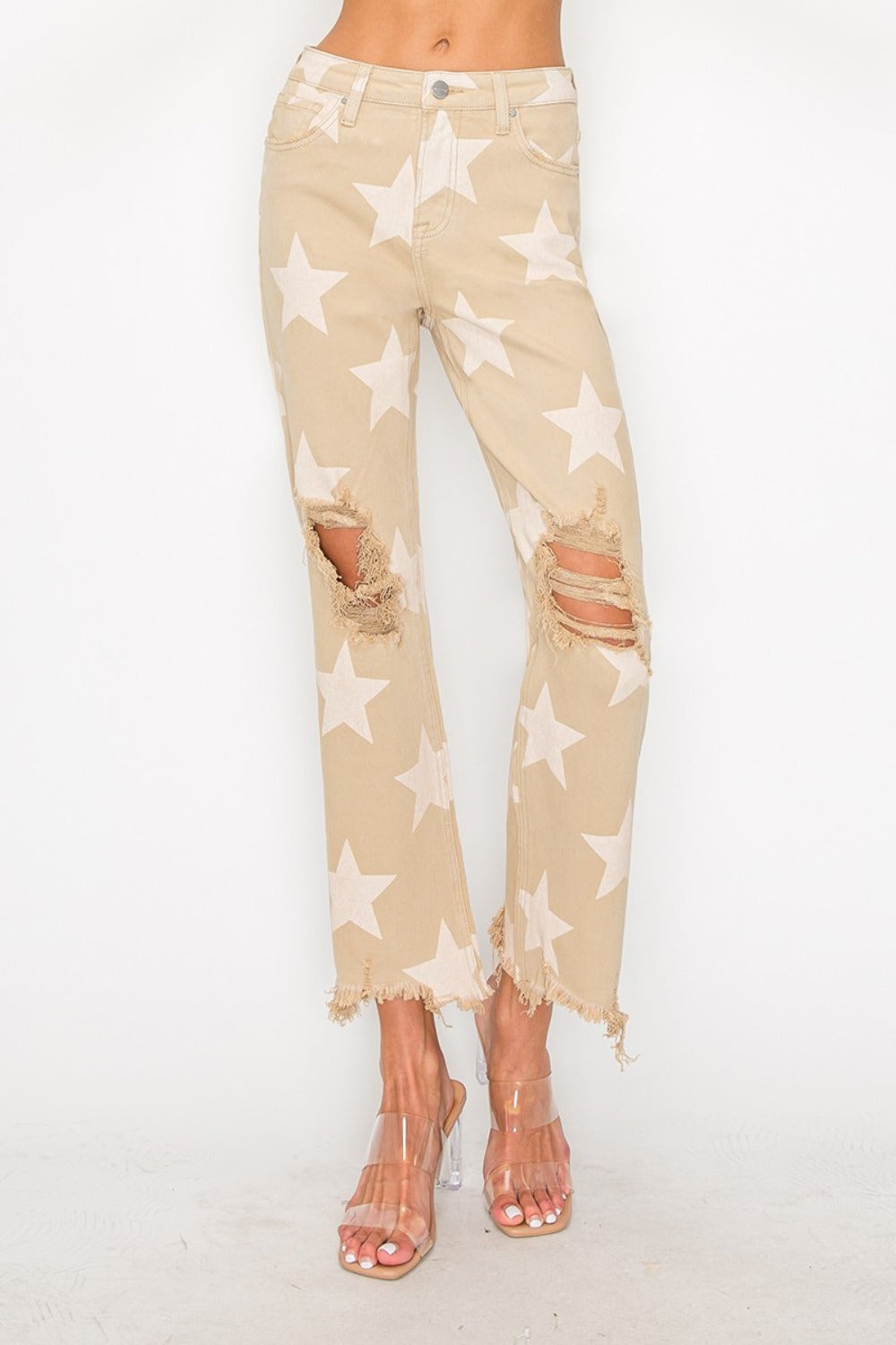 RISEN Full Size High Rise Star Printed Frayed Hem Jeans - Khaki