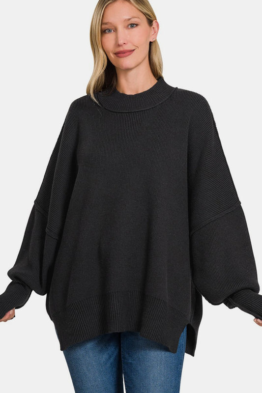 Zenana Side Sit Oversize Sweater - Black