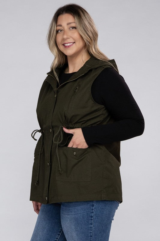 Plus Drawstring Waist Military Hoodie Vest - Zenana