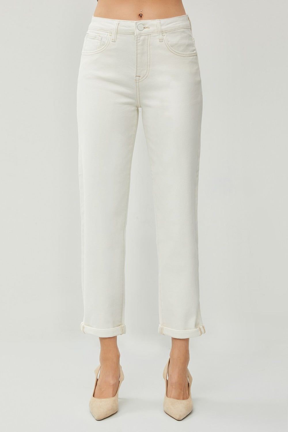 RISEN Full Size High Waist Rolled Hem Straight Jeans - Cream