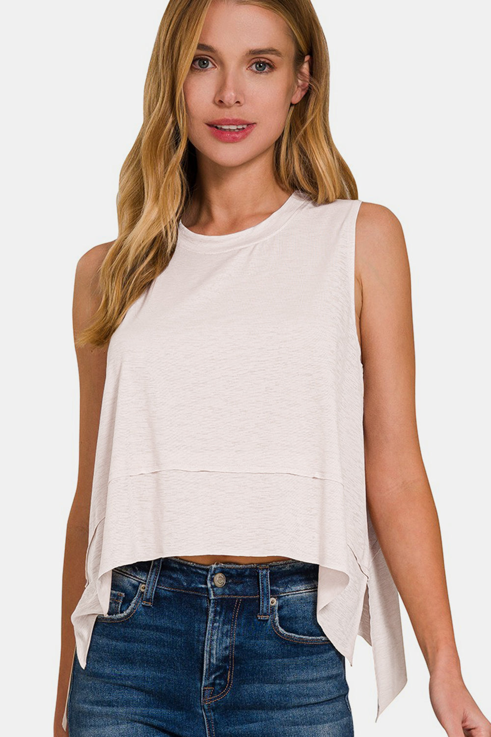 Zenana Slit High-Low Round Neck Tank - Ivory