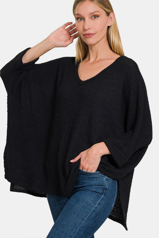 Zenana Full Size Waffle Knit V-Neck Long Sleeve Slit Top - Black