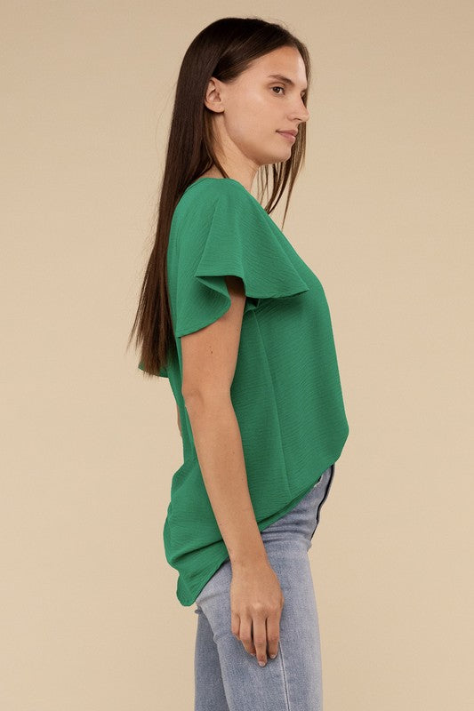 Woven Airflow Flutter Sleeve Top - Zenana