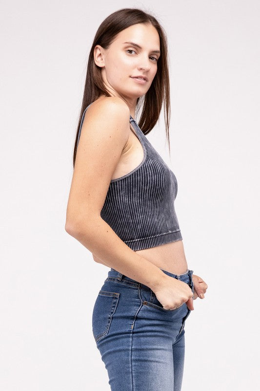 Washed Ribbed Cropped V-Neck Tank Top - Zenana