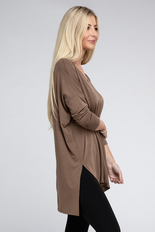 Dolman Long Sleeve V-Neck Side Slit Hi-Low Hem Top - Zenana