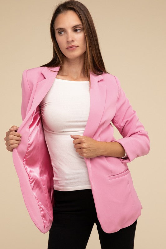 Woven Long Sleeve Open Front Classic Blazer - Zenana