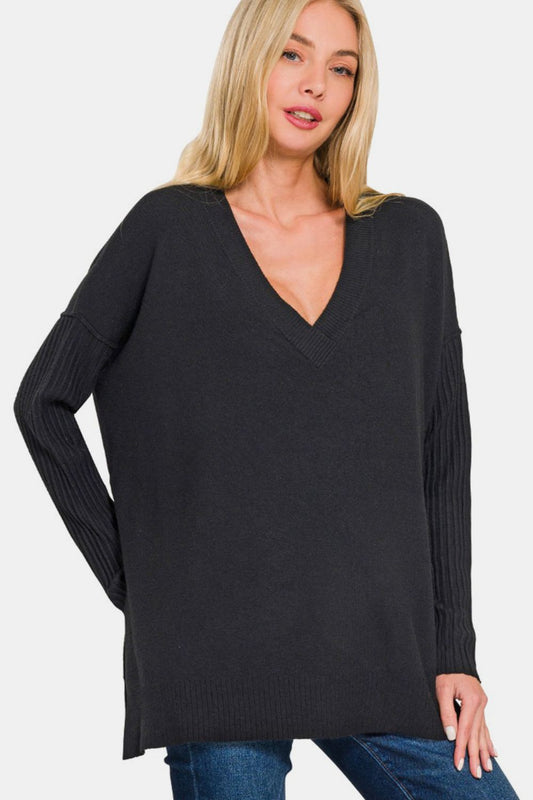 Zenana V-Neck Side Slit High-Low Sweater - Black