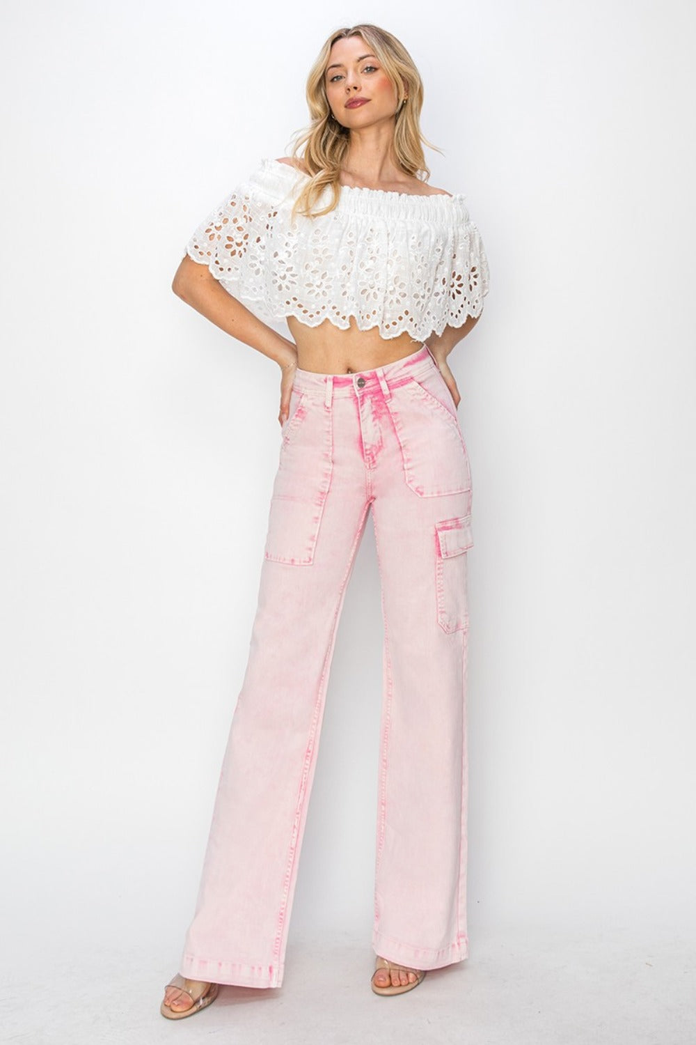 RISEN Full Size High Rise Wide Leg Cargo Pocket Jeans - Acid Pink