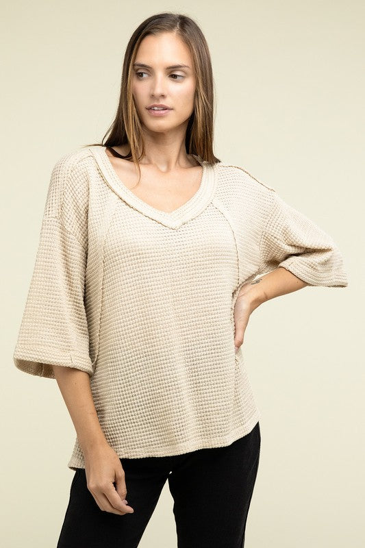 Brushed Waffle Exposed-Seam 3/4 Sleeve Top - Zenana