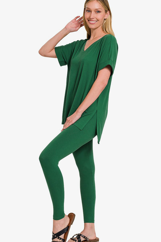 Zenana V-Neck Rolled Short Sleeve T-Shirt and Leggings Lounge Set - Green