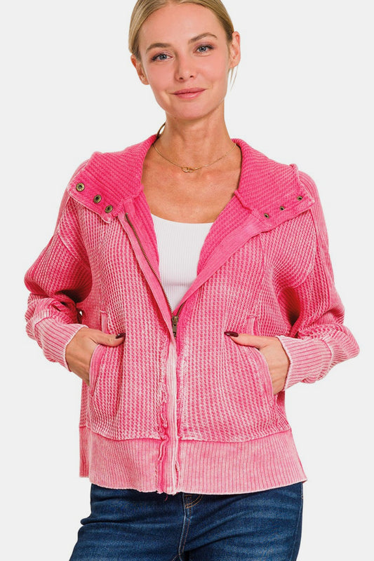 Zenana Washed Zip Up Hooded Jacket - Fuchsia