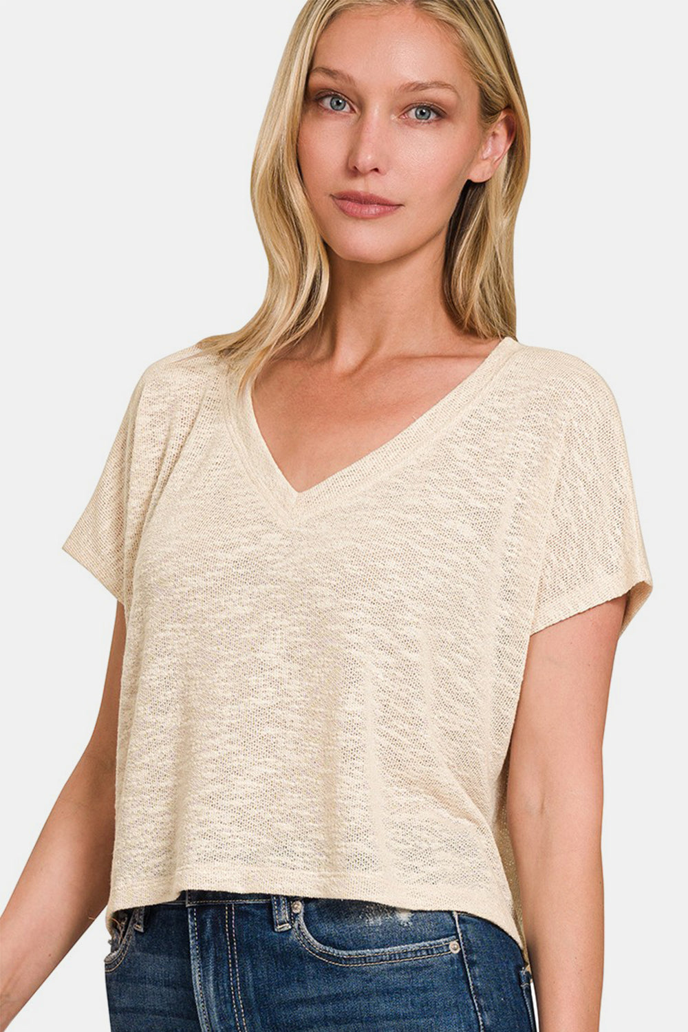 Zenana V-Neck Short Sleeve Crop T-Shirt - Sand Beige