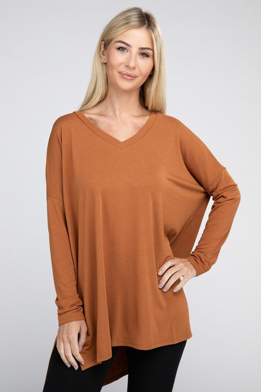 Dolman Long Sleeve V-Neck Side Slit Hi-Low Hem Top - Zenana