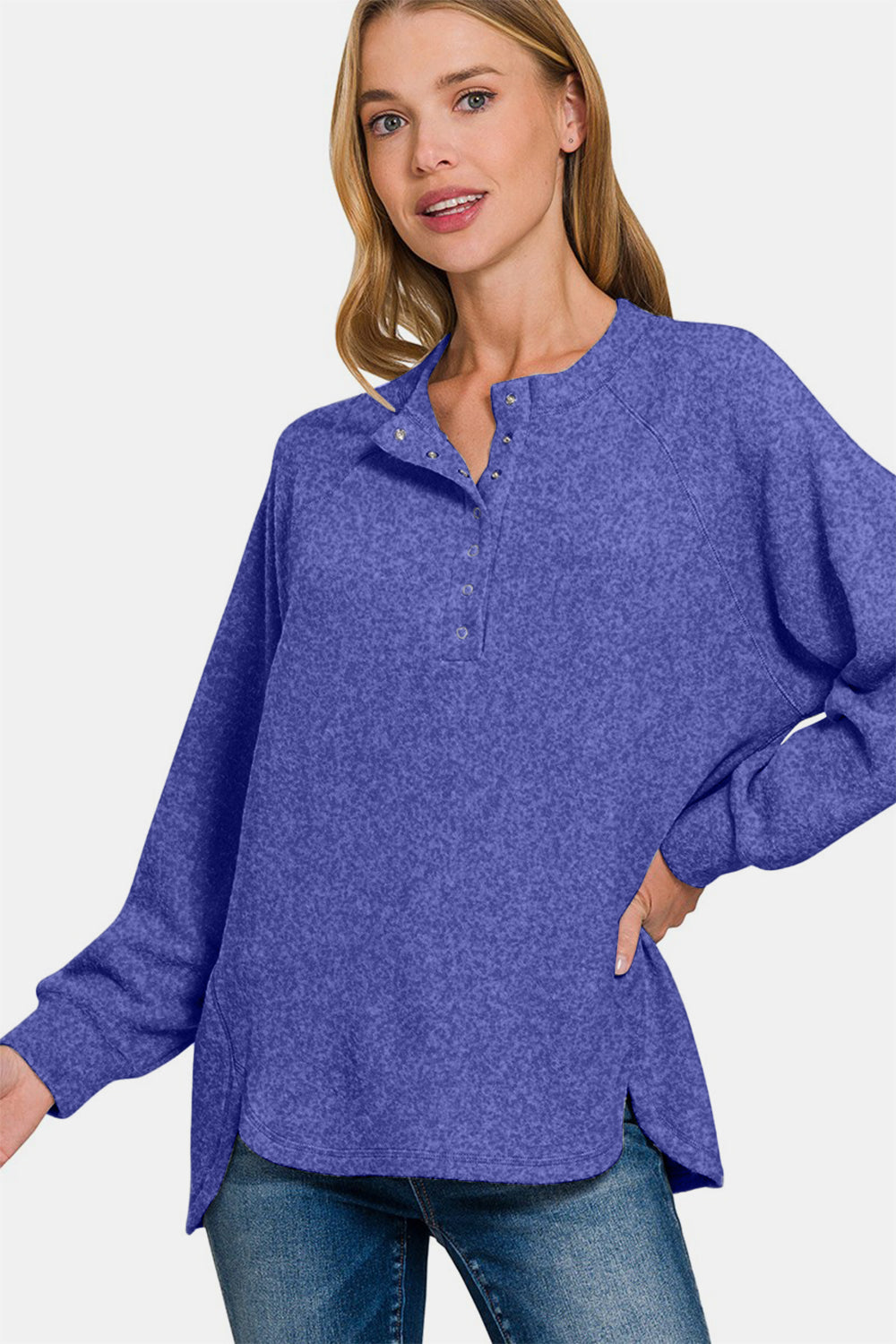 Zenana Full Size Brushed Melange Hacci High-Low Sweater - Bright Blue