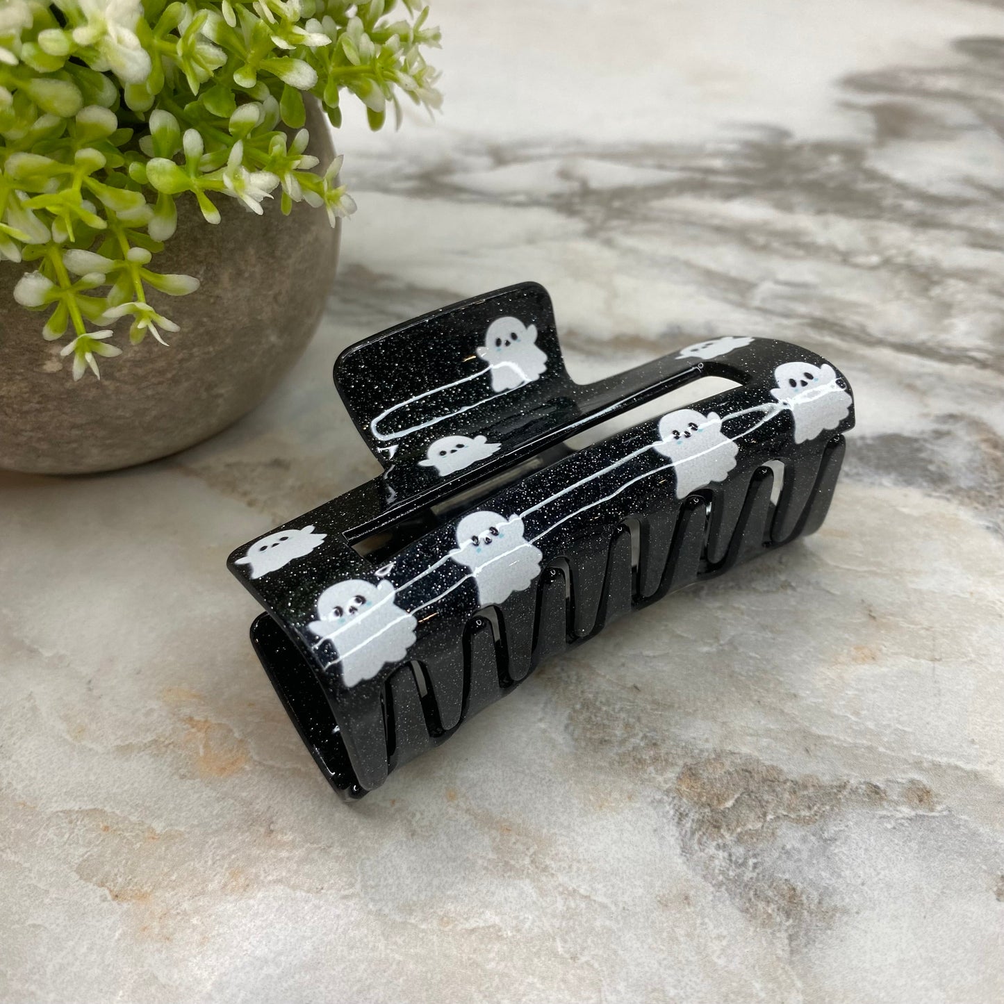 Hair Clip - Black Glitter with Ghosts