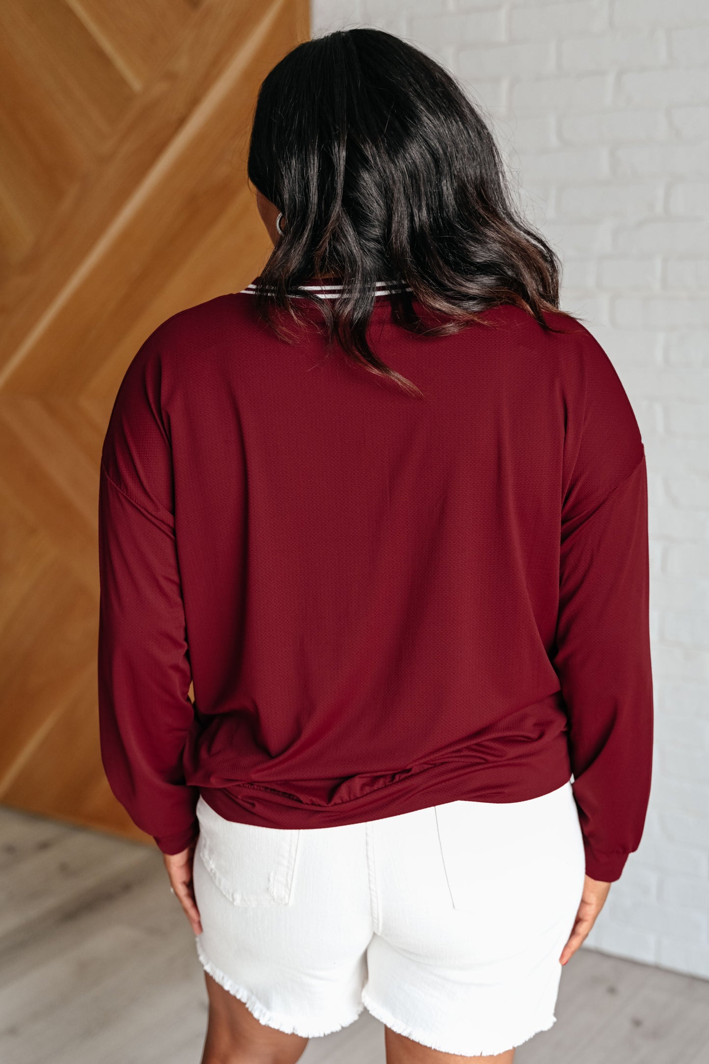 All Out Comfort V-Neck Pullover in Red Merlot - Rae Mode