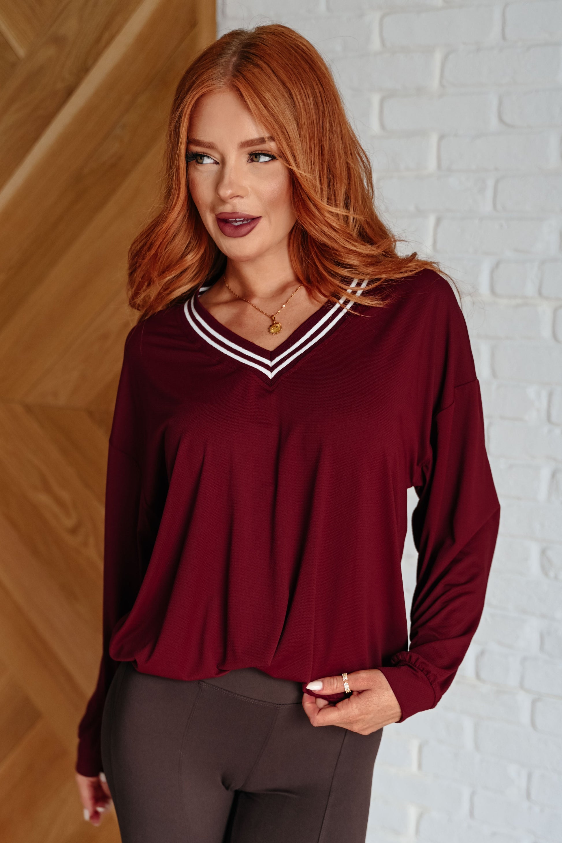 All Out Comfort V-Neck Pullover in Red Merlot - Rae Mode