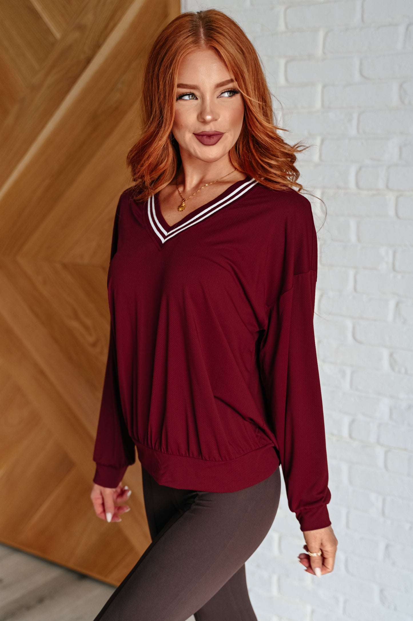 All Out Comfort V-Neck Pullover in Red Merlot - Rae Mode