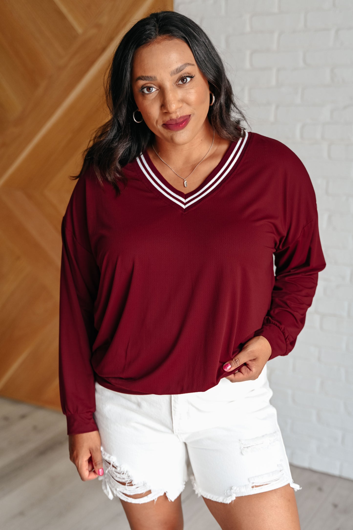 All Out Comfort V-Neck Pullover in Red Merlot - Rae Mode