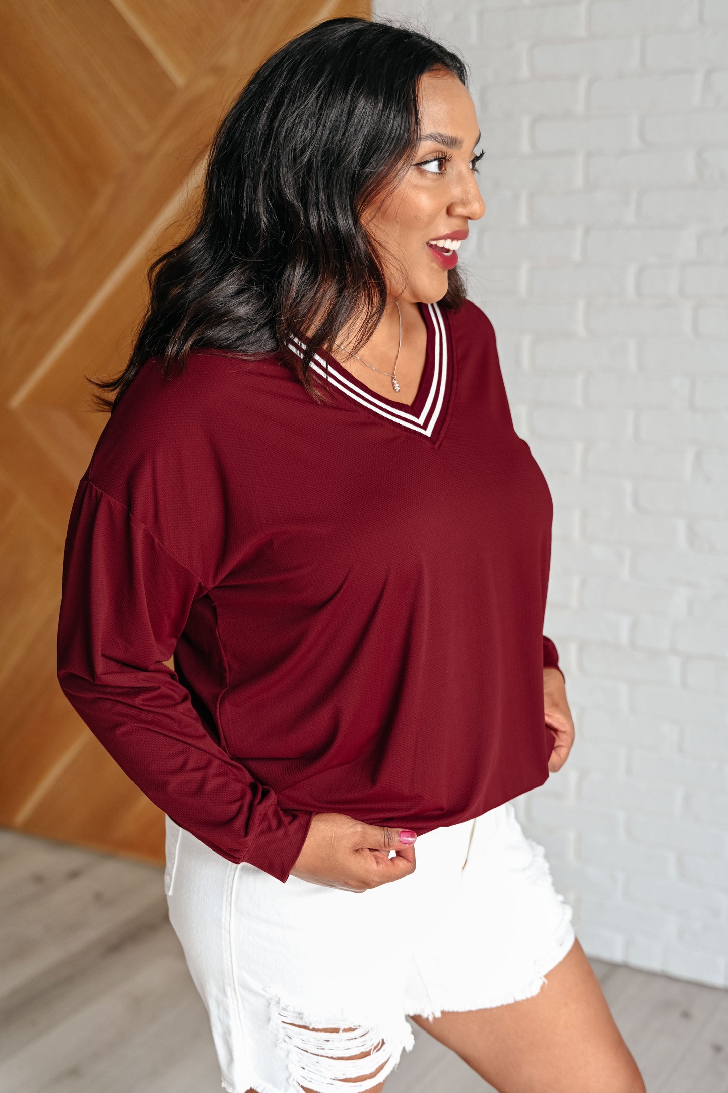 All Out Comfort V-Neck Pullover in Red Merlot - Rae Mode