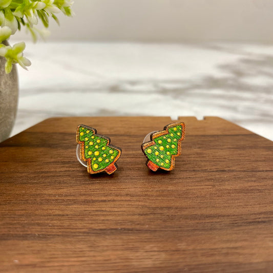 Wooden Stud Earrings - Christmas - Trees 