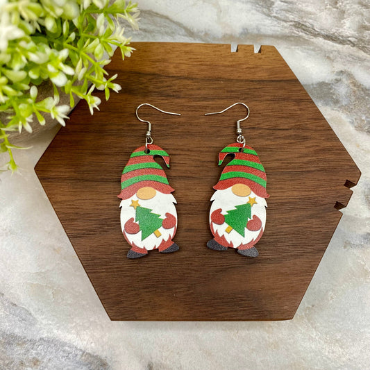 Wooden Dangle Earrings - Christmas - Gnome Tree