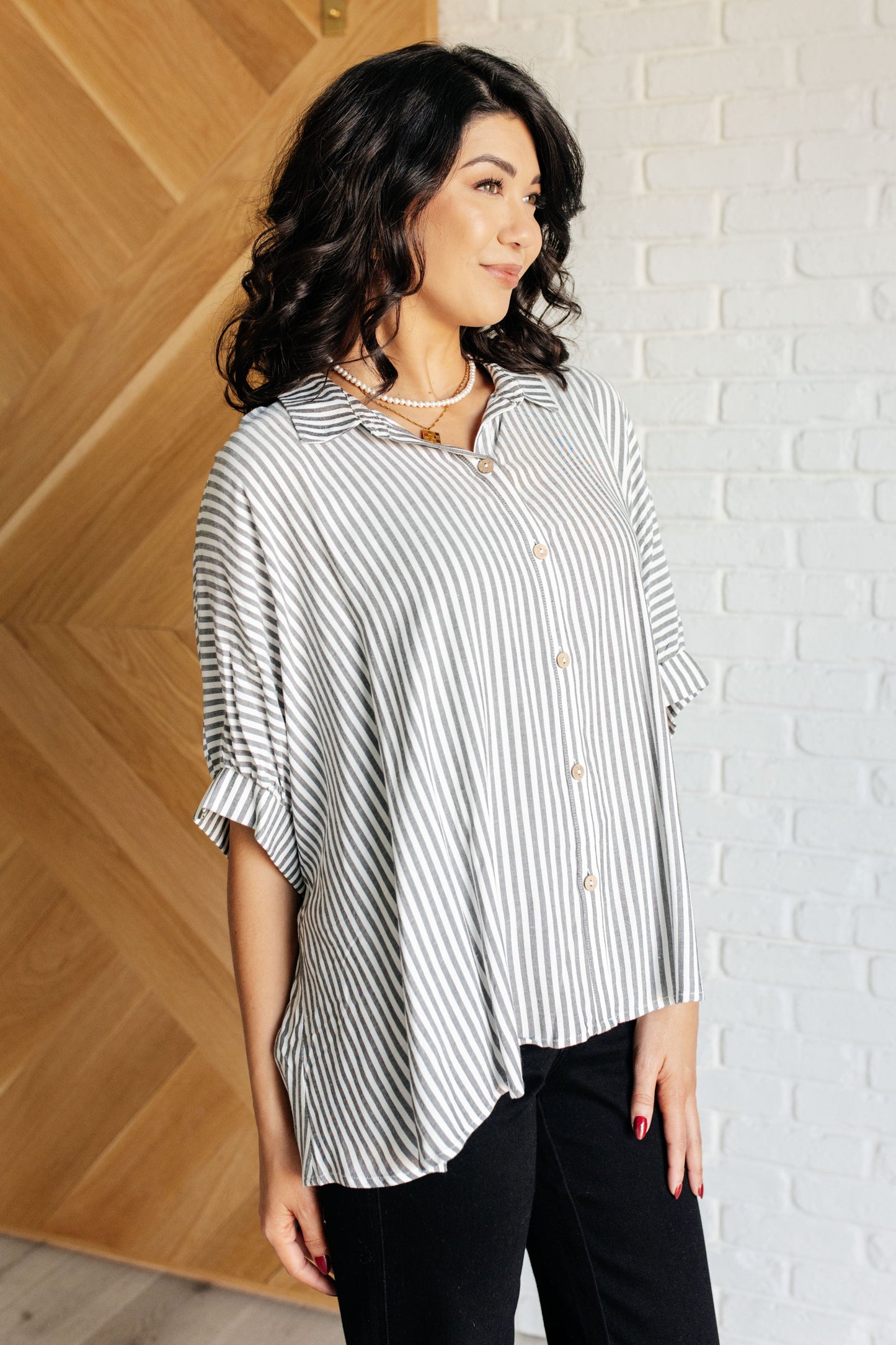 Boxy Striped Button Up in Black - Zenana