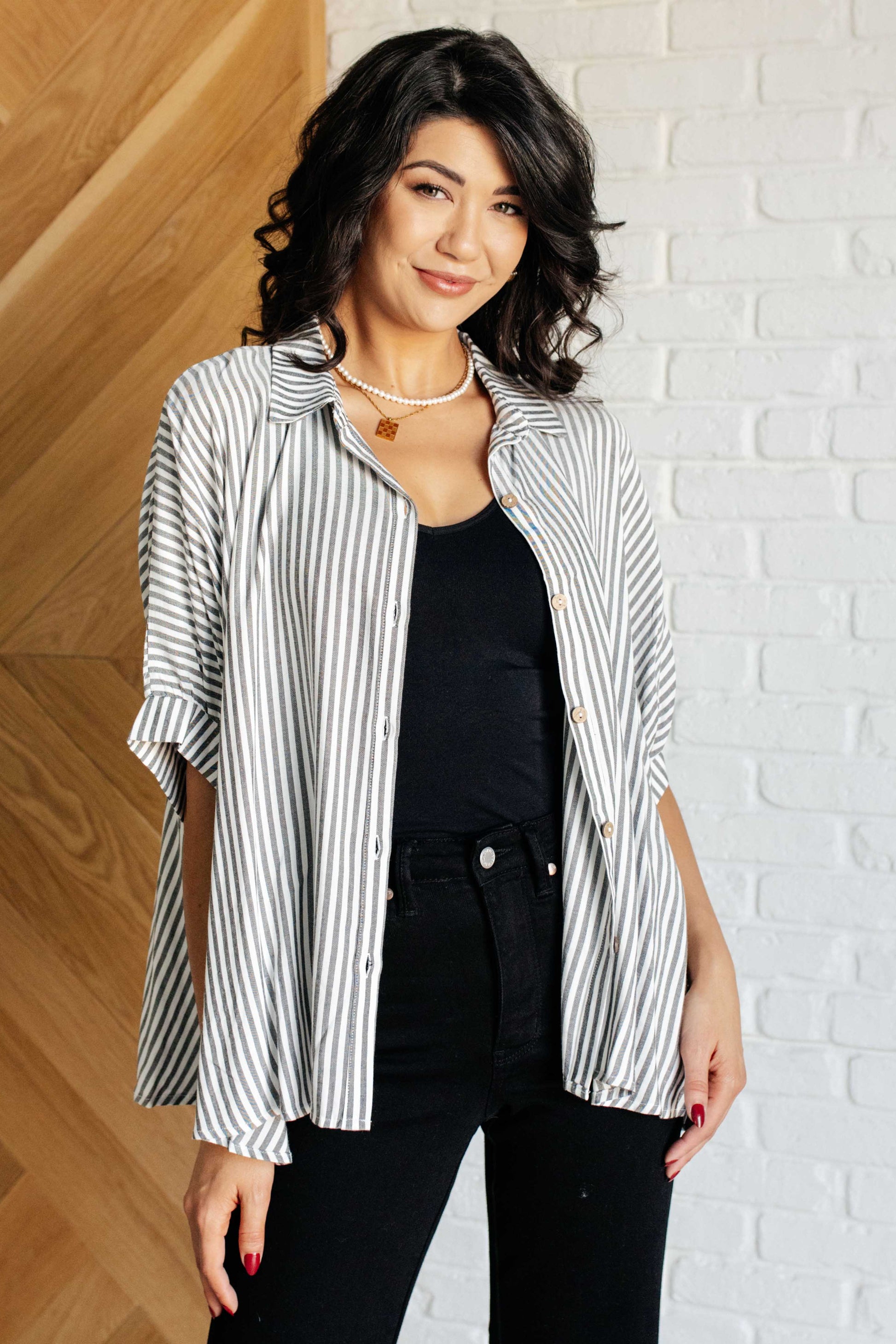 Boxy Striped Button Up in Black - Zenana