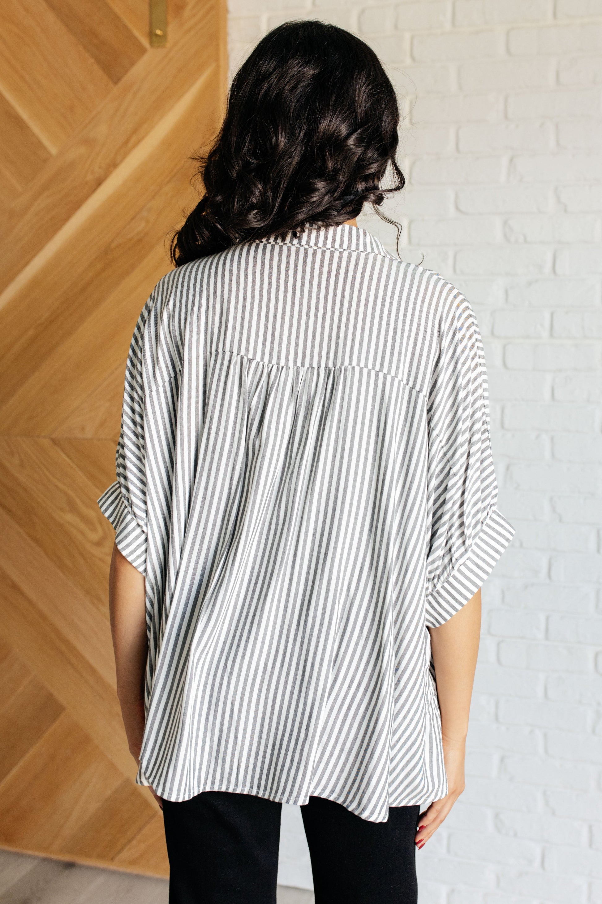 Boxy Striped Button Up in Black - Zenana