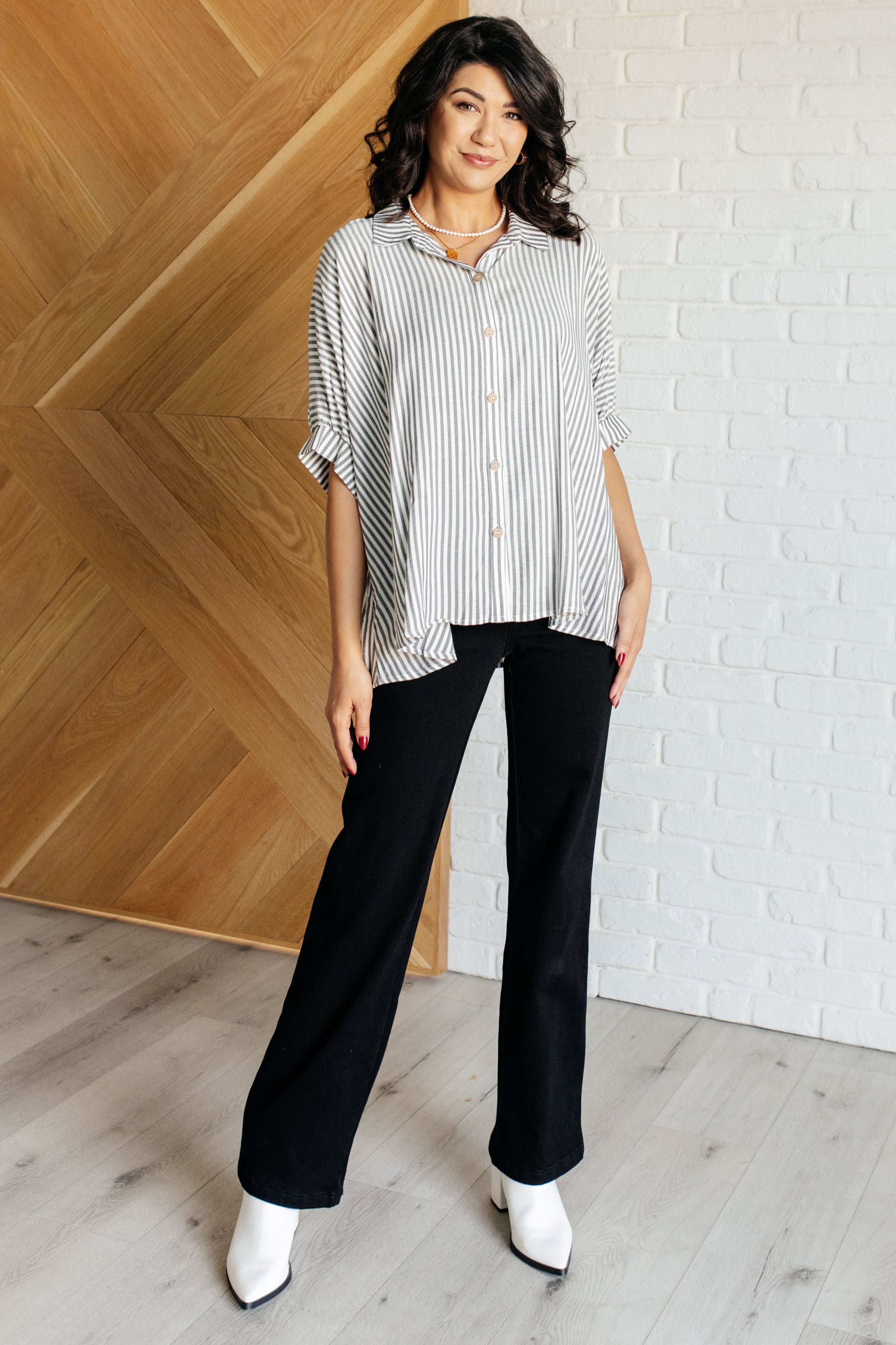 Boxy Striped Button Up in Black - Zenana