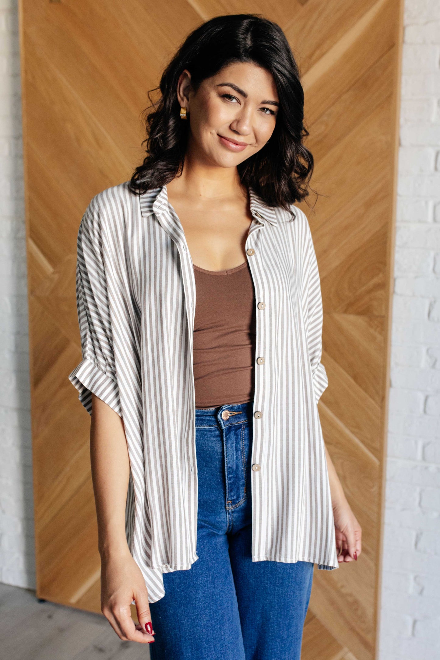 Boxy Striped Button Up in Mocha - Zenana