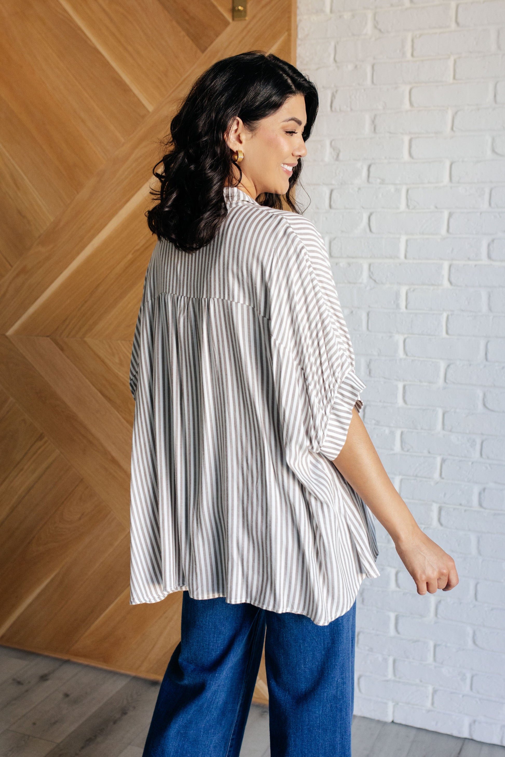 Boxy Striped Button Up in Mocha - Zenana