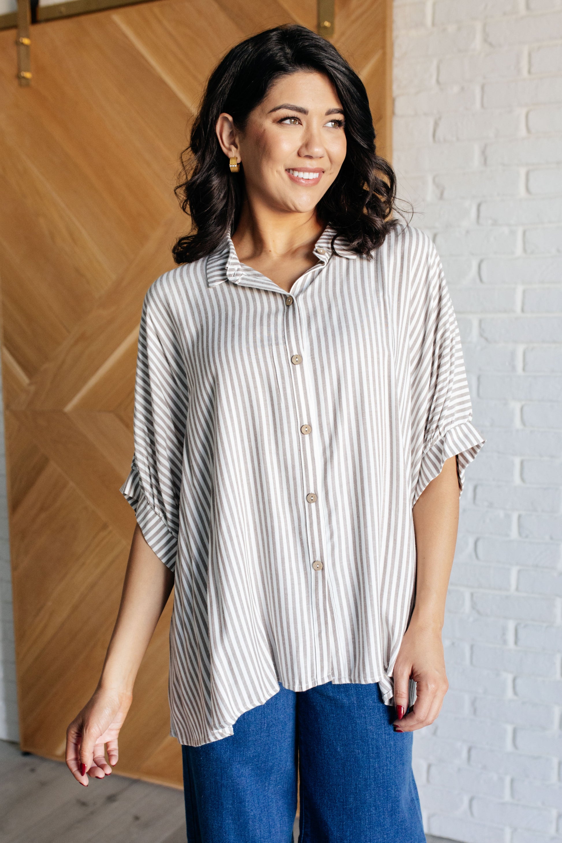 Boxy Striped Button Up in Mocha - Zenana