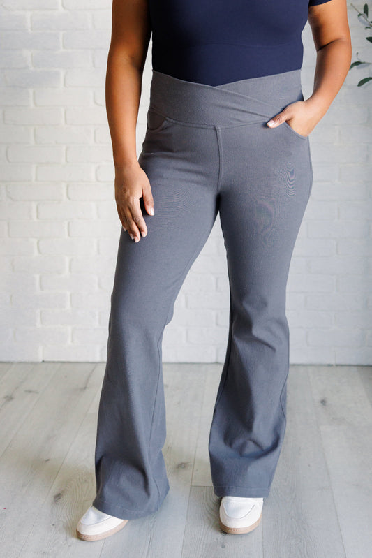 Building Habits Twill Flared Crossover Waist Pant in Titanium - Rae Mode