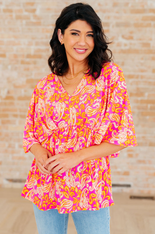 Dreamer Peplum Top in Pink Filigree - Dear Scarlett