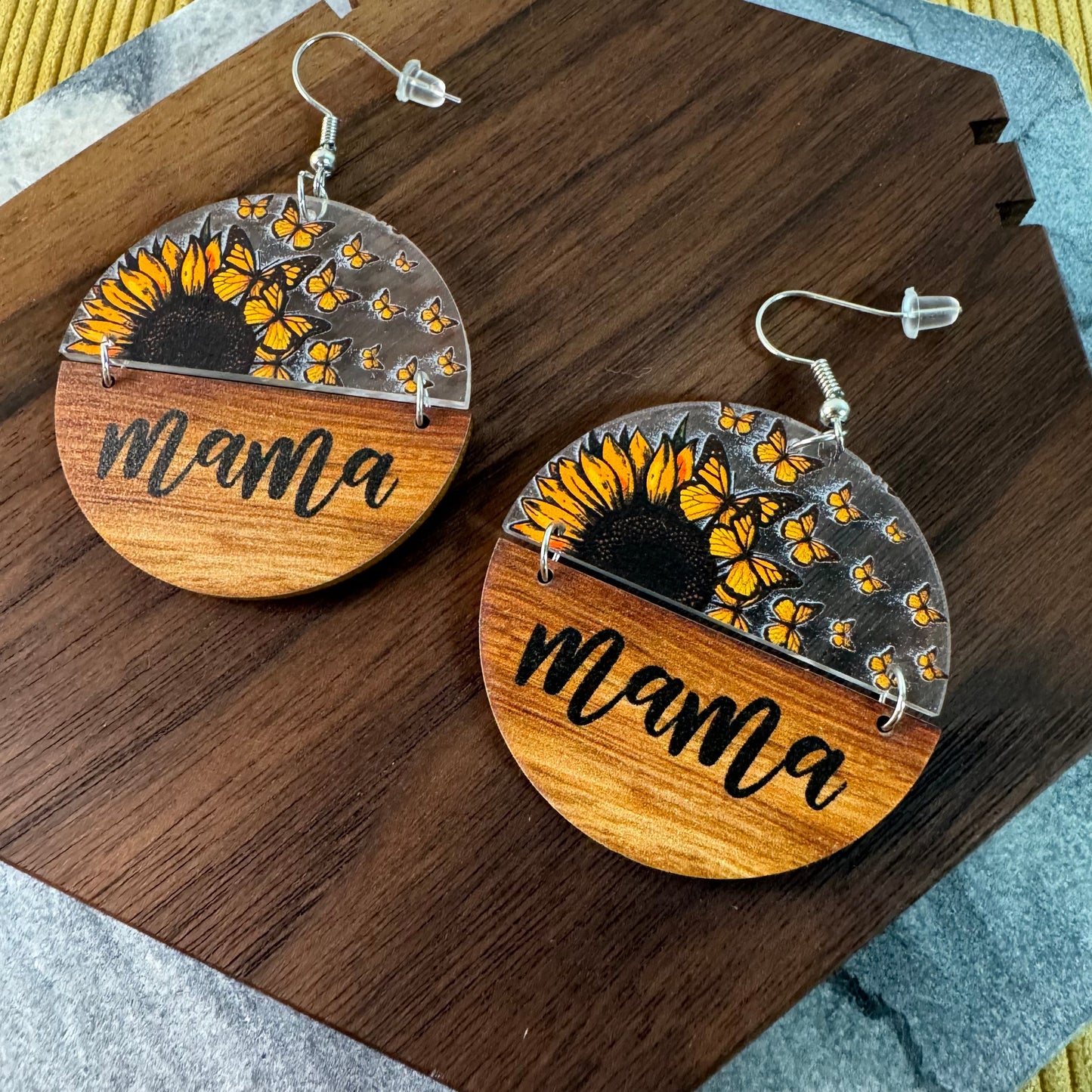 Wood & Acrylic Earrings - Half & Half - Mama Sunflower Butterfly