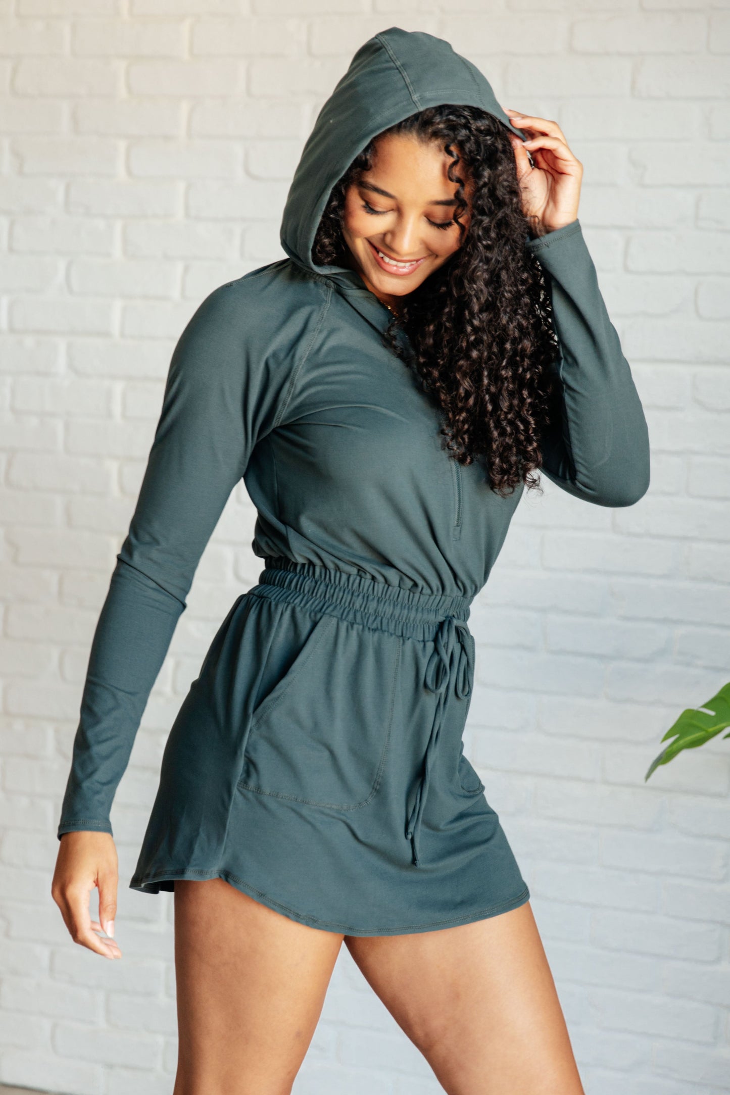 Getting Out Long Sleeve Hoodie Romper in Smoked Spruce - Rae Mode