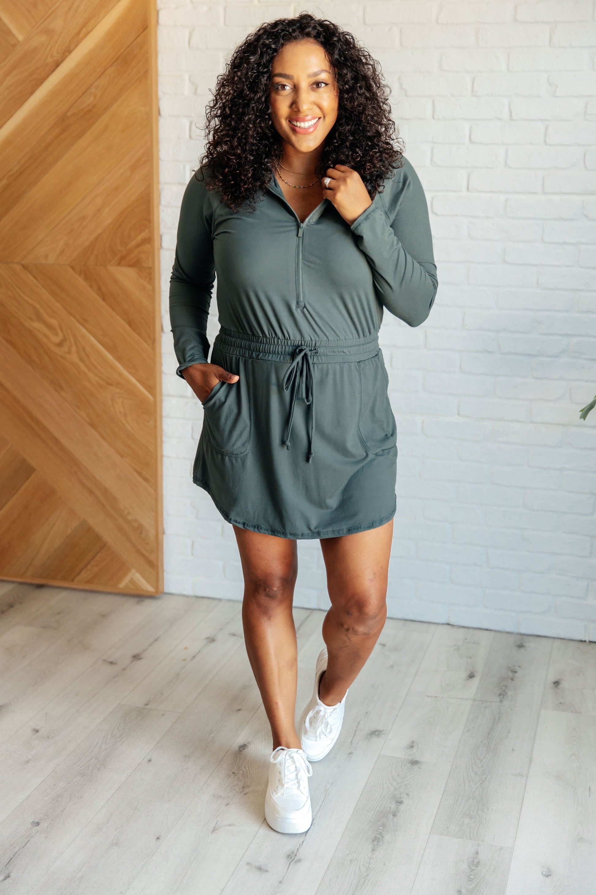 Getting Out Long Sleeve Hoodie Romper in Smoked Spruce - Rae Mode