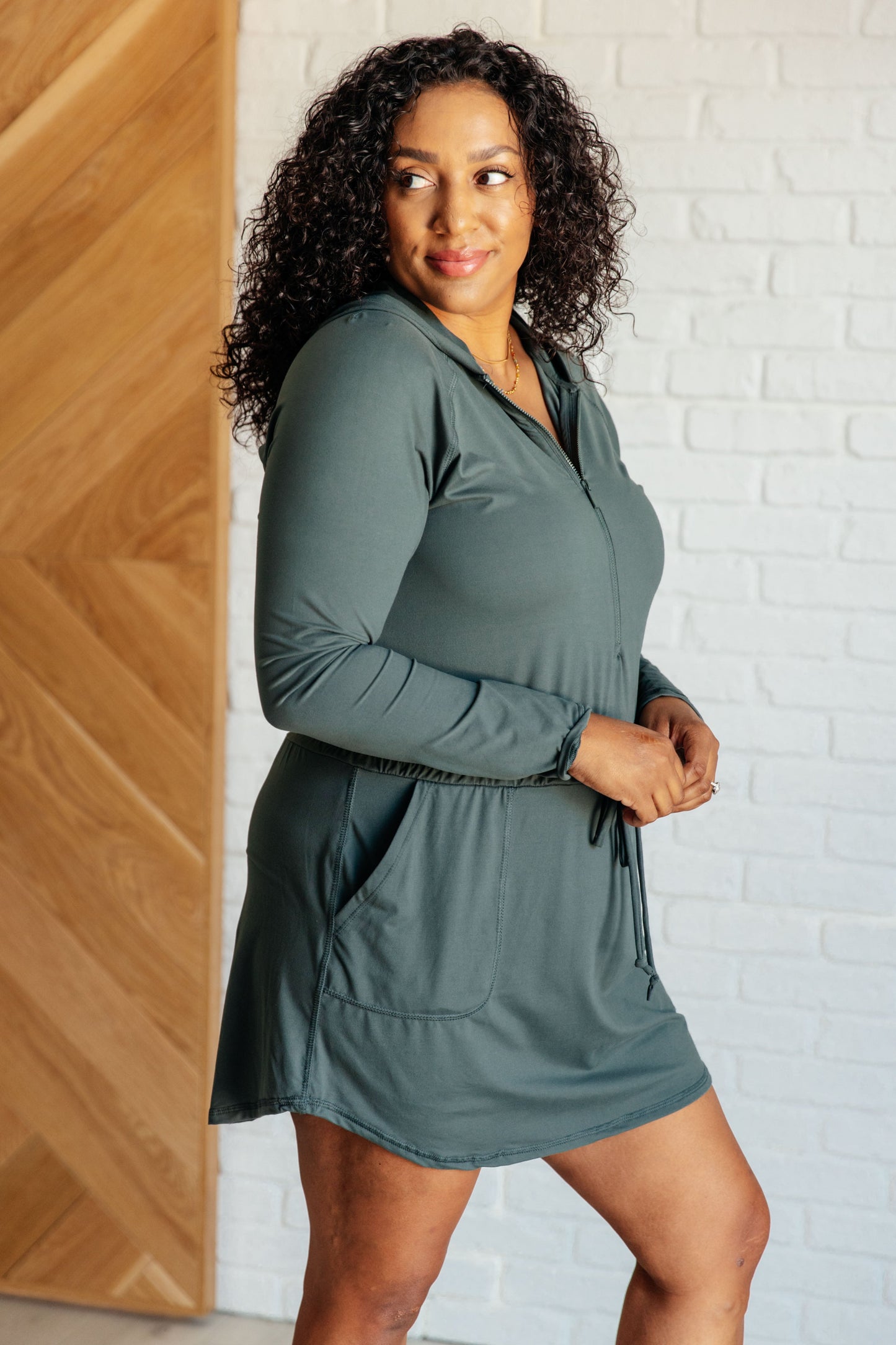 Getting Out Long Sleeve Hoodie Romper in Smoked Spruce - Rae Mode